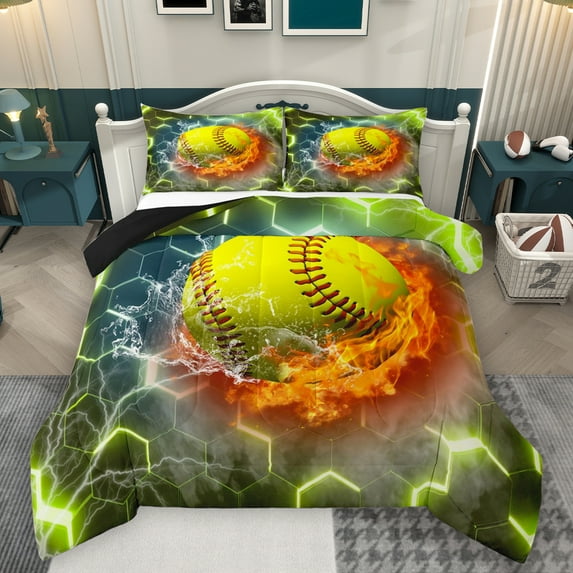 Homewish Tennis Sport Queen Comforter Set,Abstract Geometric Hexagon Bedding Sets,Yellow Orange Bedding Comforter Set For Kids,Breathable Home Decor Reversible,3-Piece