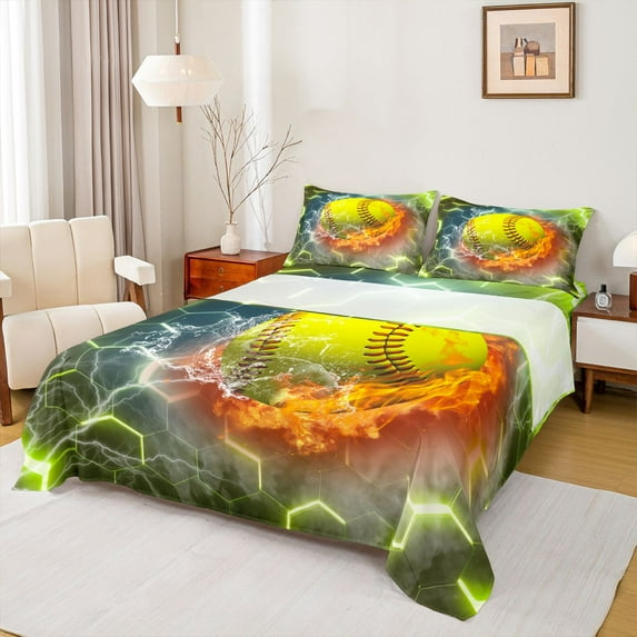 Homewish Tennis Sport Queen Sheet Sets,Abstract Geometric Hexagon Flat Sheet,Yellow Orange Queen Fitted Sheet For Kids,Breathable Home Decor,4-Piece