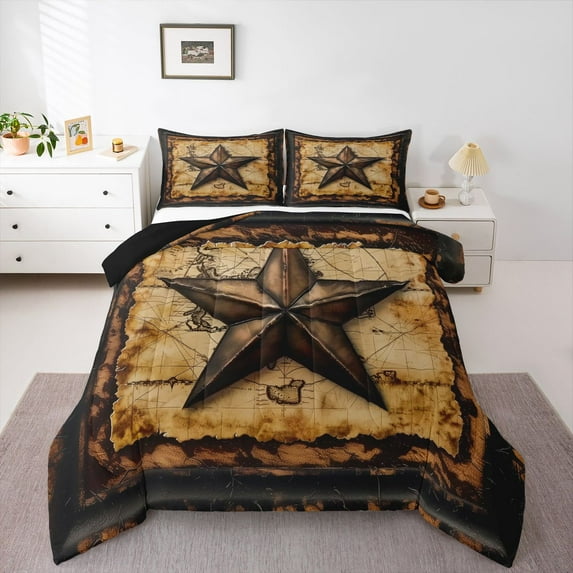 Homewish Texas Stars 3 Pieces Queen Comforter Set for Kids Teens Adults,Black Brown Ultra Soft Bedding Sets,Retro Vintage Bedding Comforter Set Breathable,Breathable Room Decor,Reversible
