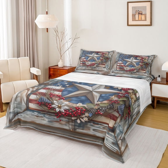 Homewish Texas Stars 4pcs Bed Sheets for Teens Boys Girls,Retro American Flag King Sheets,Lodge Cabin Super Cozy Sheet Set,Breathable Home Decor