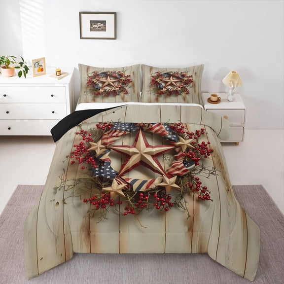 Homewish Texas Stars Bedding Comforter Set 2pcs for Kids Teens Adults,USA Flag Twin Comforter Sets Microfiber,Rustic Cabin Breathable Bedding Set,Retro Vintage Room Decor,Reversible