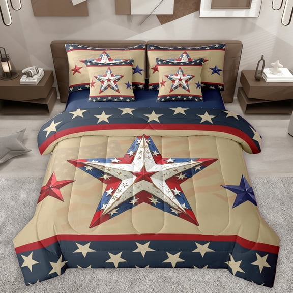 Homewish Texas Stars Bedding Comforter Set 7-Piece for Female Men Adults,USA Flag King Bedding Sets,Western Theme Ultra Soft Bed Sheets,Lightweight Room Decor,Reversible