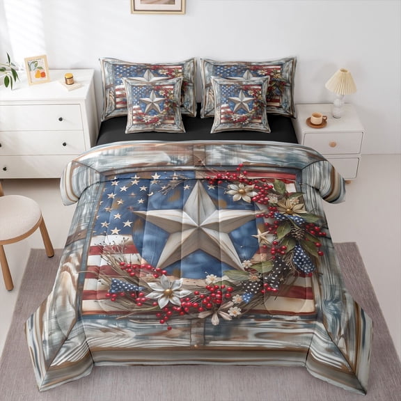 Homewish Texas Stars Bedding Comforter Set 7-Piece for Teens Boys Girls,Retro American Flag King Bedding Sets,Lodge Cabin Ultra Soft Bed Sheets,Breathable Home Decor,Reversible