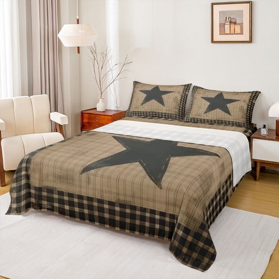 Homewish Texas Stars Twin Sheet Sets 3pcs for Female Men Adults,Western Theme Twin Fitted Sheet Microfiber,Geometric Plaid Grid Breathable Flat Sheet,Ultra Soft Home Decor