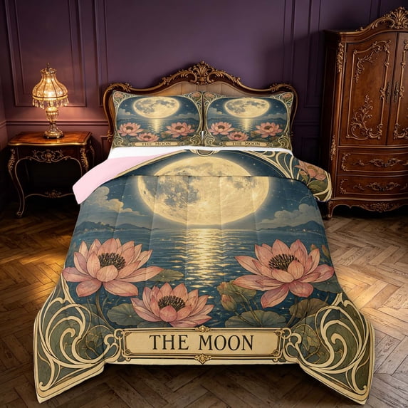 Homewish The Moon Print Queen Comforter Set, Lake Lotus Flower Comforter Sets Queen, Pink Reversible 3 Piece, 1 Comforter and 2 Pillowcases