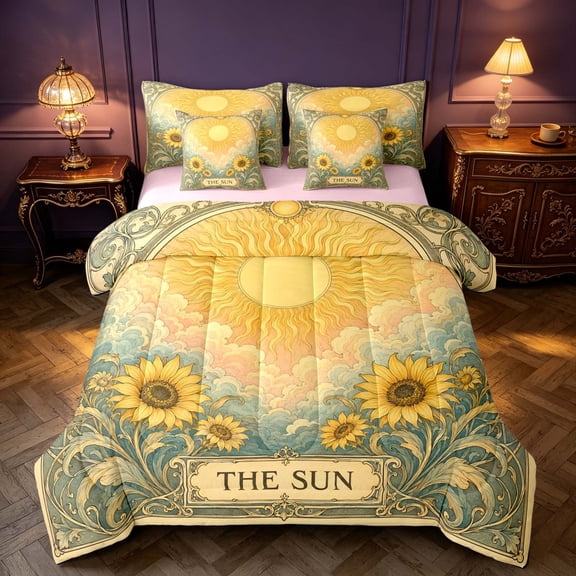 Homewish The Sun Print Twin Bedding, Garden Sunflower Bedding Comforter Set, Pink Reversible 7 Pieces