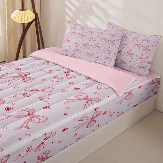 Homewish Thistle Pink Bow Zipper Twin Comforter Sets with Fitted Sheet and 2 Pillowcases for Kids, Cute Love Heart Zipper Bedding Set, Pink Reversible, 4 Pieces