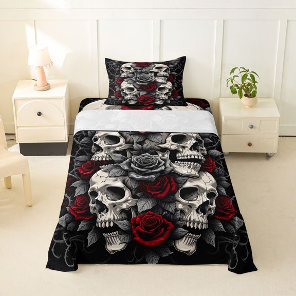 Homewish Thorn Rose Skull Twin Sheets for Teens, Red Flower Skeleton Bedding, 3pcs, 1 Flat Sheet, 1 Fitted Sheet and 1 Pillowcase