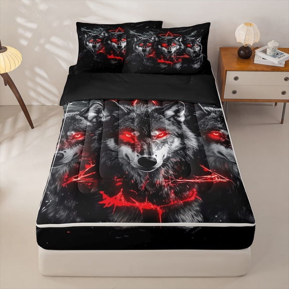 Homewish Three Red Eyed Wolves Black Red Print Zipper Twin Comforter Sets with Fitted Sheet and 2 Pillowcases,Dark Fantasy Zipper Bedding Set For Men And Women,Reversible,4 Pieces