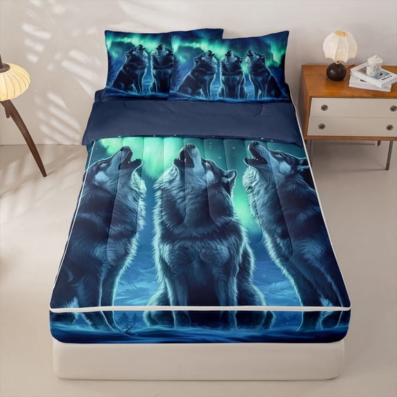 Homewish Three Wolves Howling At Bright Aurora Print Zipper Twin Comforter Sets with Fitted Sheet and 2 Pillowcases,Starry Night Zipper Bedding Set For Men And Women,Reversible,4-Piece