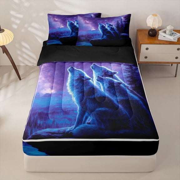 Homewish Three Wolves Howling At Galaxy Print Zipper Full Size Comforter Sets with Fitted Sheet and 2 Pillowcases,Cosmic Wildlife Zipper Bedding Set For Men And Women,Reversible,4-Piece