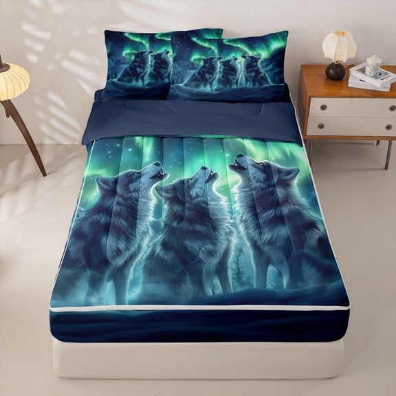 Homewish Three Wolves Howling At Green Aurora Print Zipper Full Size Comforter Sets with Fitted Sheet and 2 Pillowcases,Snowy Mountain Zipper Bedding Set For Men And Women,Reversible,4 Pieces