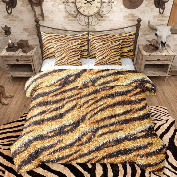 Homewish Tiger Stripes 7-Piece Bedding Comforter Set,Jungle Animal King Bedding Sets,Brown Black Bed Sheets For Gir Boy,Super Cozy Room Decor Reversible