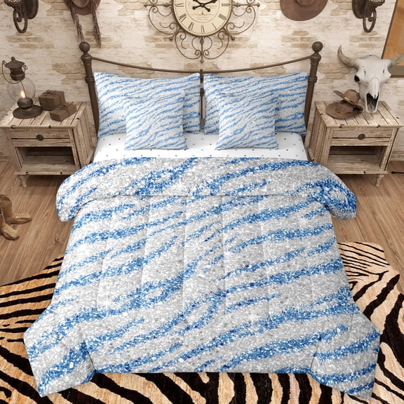 Homewish Tiger Stripes 7pcs Bedding Comforter Set,Jungle Animal Queen Bedding Sets,Blue Gray Queen Sheet Sets For Gir Boy,Super Cozy Room Decor Reversible