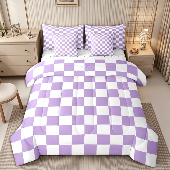 Homewish Timeless Gingham 7-Piece Twin Bedding for Girls, Simple Grid Bedding Comforter Set, Lavender Purple,Reversible