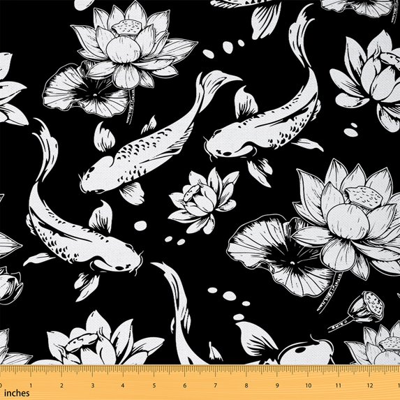 Homewish Tokyo Fish Animal Fabric by the Yard 2 Yards, Lotus Flower Floral Sewing Fabric, Black White Japanese Style Fabric for Sewing, Lightweight Room Decor