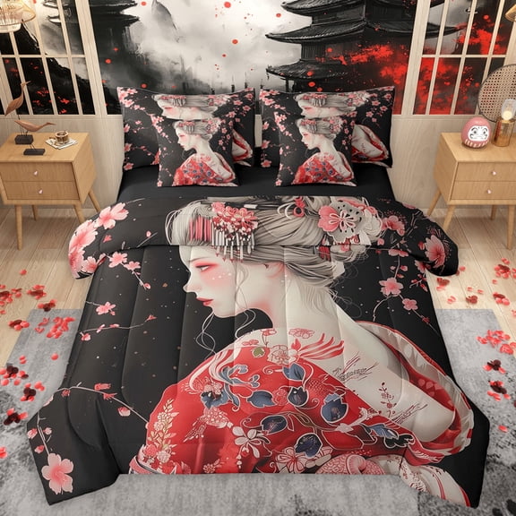 Homewish Tradition Geisha Girl 7 Pieces Bedding Comforter Set,Japanese Ukiyo-E Full Bedding Set,Red Black Fitted Sheet Flat Sheet For Men Women,Microfiber Bedroom Decor Reversible