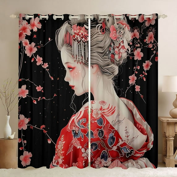 Homewish Tradition Geisha Girl Blackout Curtains Set of 2 (52x84 Each),Japanese Ukiyo-E Window Curtains,Red Black Curtains and Drapes For Men Women,Microfiber Bedroom Decor