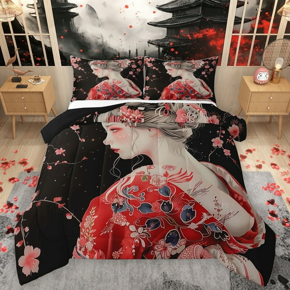 Homewish Tradition Geisha Girl Full Size Comforter Sets,Japanese Ukiyo-E Bedding Comforter Set,Red Black Bedding Sets For Men Women,Microfiber Bedroom Decor Reversible,3pcs
