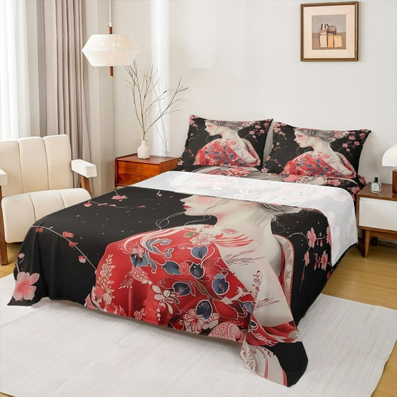 Homewish Tradition Geisha Girl Full Size Sheets,Japanese Ukiyo-E Bed Sheets,Red Black Sheet Sets For Men Women,Microfiber Bedroom Decor,4pcs
