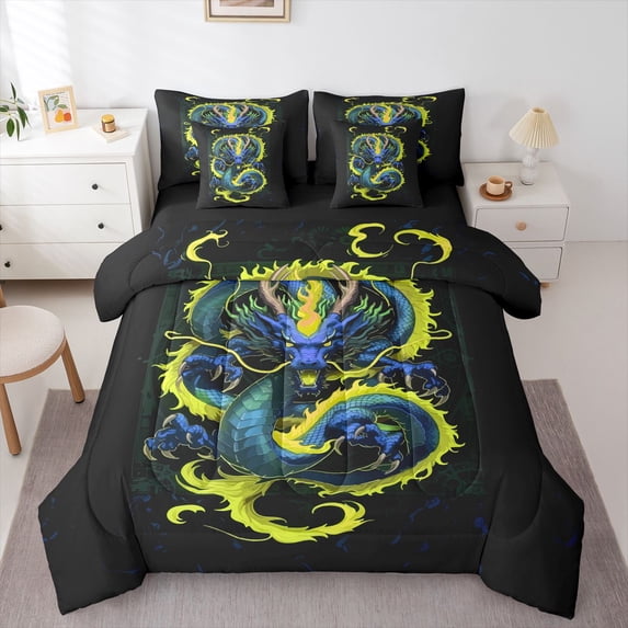 Homewish Traditional Dragon 7-Piece Twin Bedding,Retro Animal Bedding Comforter Set,Yellow Blue,Black Reversible