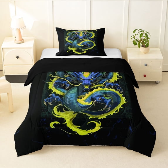 Homewish Traditional Dragon Twin Comforter Sets,Retro Animal Bedding Set,Yellow Blue,Black Reversible,2 Pieces,1 Comforter and 1 Pillowcase