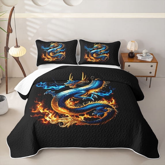 Homewish Traditional Dragon Twin Quilt Set,Magical Wildlife Twin Coverlet Set,Orange Blue,2pcs