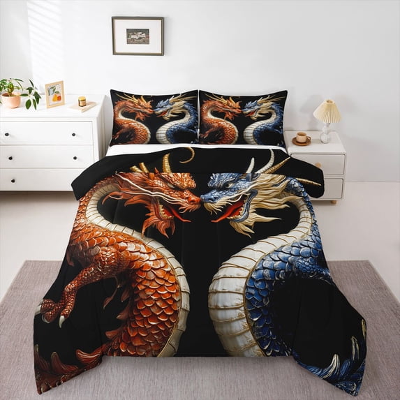 Homewish Traditional Eastern Dragon Full Size Comforter Sets,Wild Animal Bedding Comforter Set,Orange Blue,Black Reversible,3 Pieces,1 Comforter and 2 Pillowcases