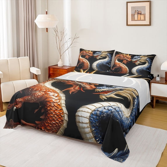 Homewish Traditional Eastern Dragon Queen Sheets,Wild Animal Queen Sheet Sets,Orange Blue,4pcs,1 Flat Sheet, 1 Fitted Sheet and 2 Pillowcases