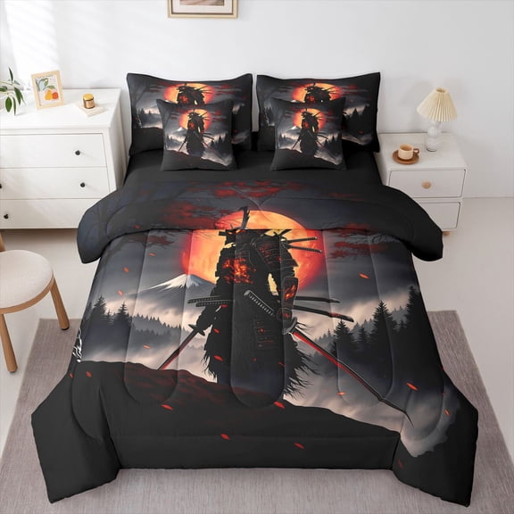 Homewish Traditional Samurai Print 7-Piece Twin Bedding,Japanese Ink Painting Bedding Comforter Set,Black Reversible