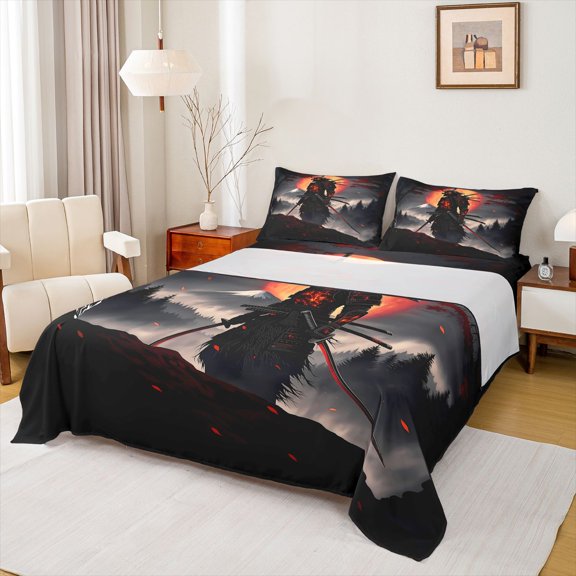 Homewish Traditional Samurai Print Bed Sheets,Japanese Ink Painting Full Size Sheets,4pcs,1 Flat Sheet, 1 Fitted Sheet and 2 Pillowcases