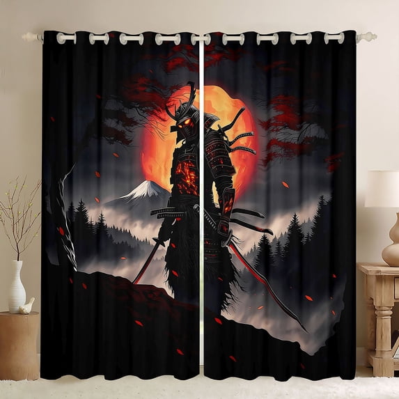 Homewish Traditional Samurai Print Kitchen Curtains,Japanese Ink Painting Black Out Curtains Pack of 2 (42x63 Each)