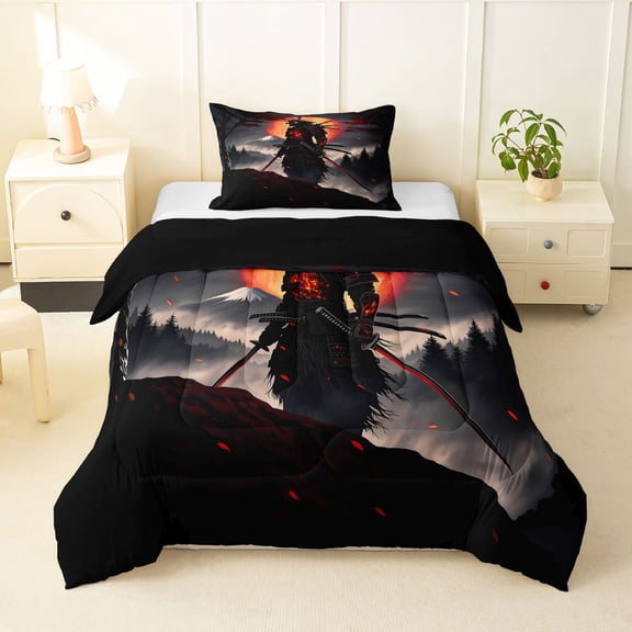Homewish Traditional Samurai Print Twin Comforter Sets,Japanese Ink Painting Bedding Set,Black Reversible,2 Pieces,1 Comforter and 1 Pillowcase