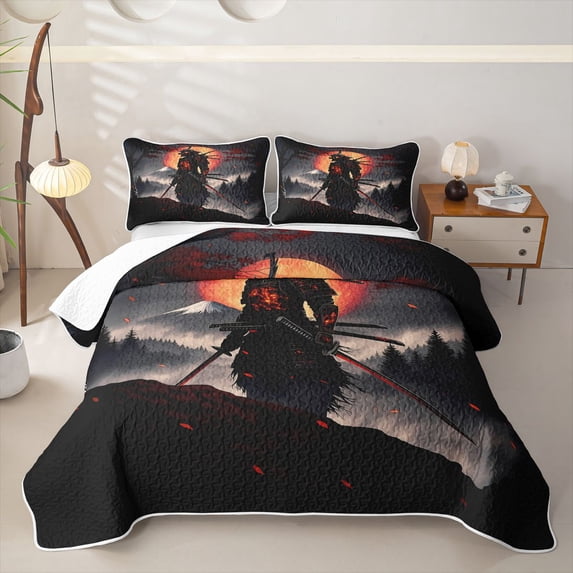 Homewish Traditional Samurai Print Twin Quilt Set,Japanese Ink Painting Twin Coverlet Set,2 Pieces