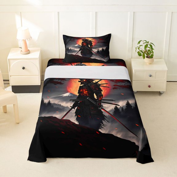 Homewish Traditional Samurai Print Twin Sheets,Japanese Ink Painting Bedding,3 Pieces,1 Fitted Sheet and 1 Pillowcase
