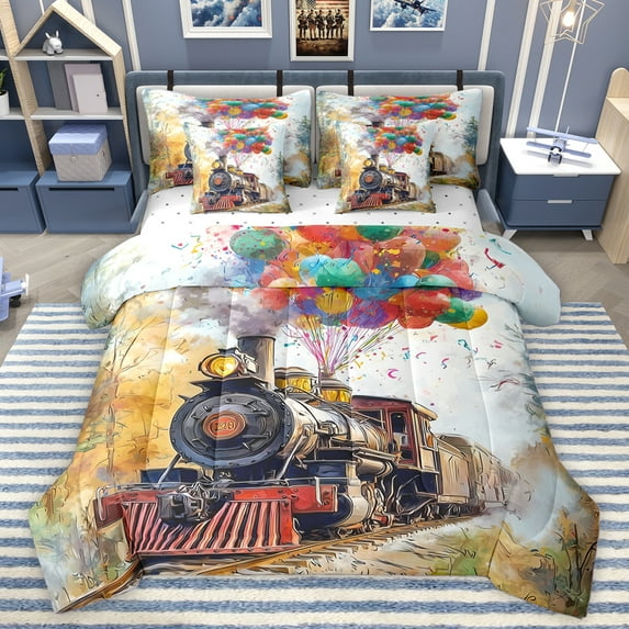 Homewish Train Steam Engine 7-Piece Twin Bedding Sets,Colorful Balloon Bedding Comforter Set,Retro Ink Painting Sheet Sets For Boys Teens,Microfiber Bedroom Decor Reversible