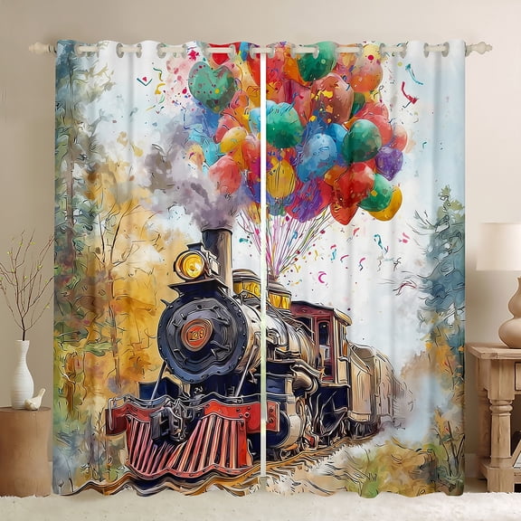 Homewish Train Steam Engine Black Out Curtains,Colorful Balloon Curtains Pack of 2 (42x63 Each),Retro Ink Painting Bedroom Curtains For Boys Teens,Microfiber Bedroom Decor