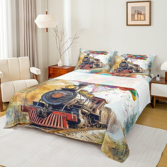 Homewish Train Steam Engine Twin Sheet Sets,Colorful Balloon Twin Fitted Sheet,Retro Ink Painting Flat Sheet For Boys Teens,Microfiber Bedroom Decor,3pcs