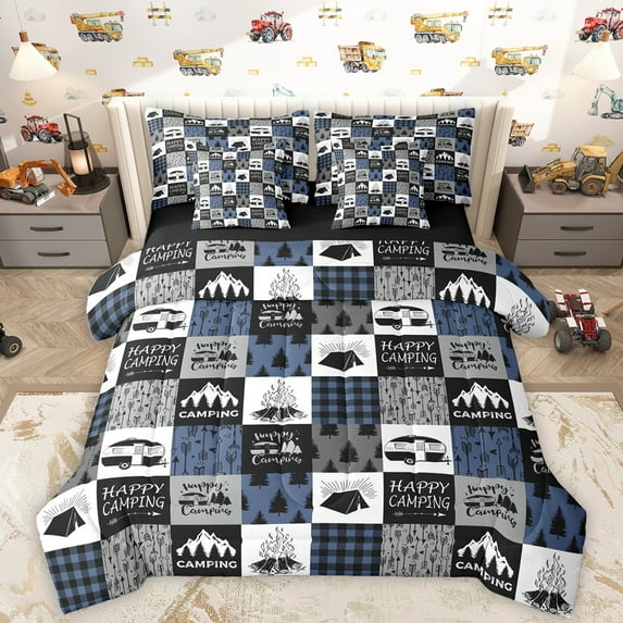 Homewish Travel Trailer 7-Piece Twin Bedding Sets,Happy Camping Bedding Comforter Set,Blue Gray Checkered Sheet Sets For Boys Kids,Luxury Bedroom Decor Reversible