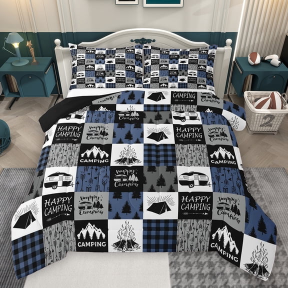 Homewish Travel Trailer Bedding Comforter Set,Happy Camping Twin Comforter Sets,Blue Gray Checkered Bedding Set For Boys Kids,Luxury Bedroom Decor Reversible,2 Pieces