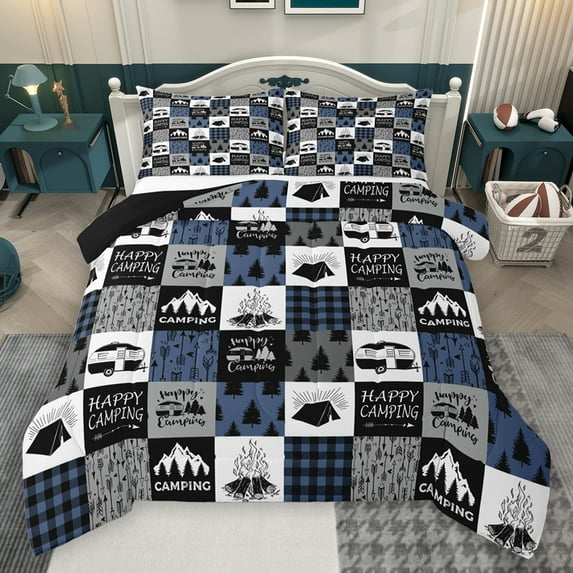 Homewish Travel Trailer Bedding Comforter Set,Happy Camping Twin Comforter Sets,Blue Gray Checkered Bedding Set For Boys Kids,Luxury Bedroom Decor Reversible,2 Pieces