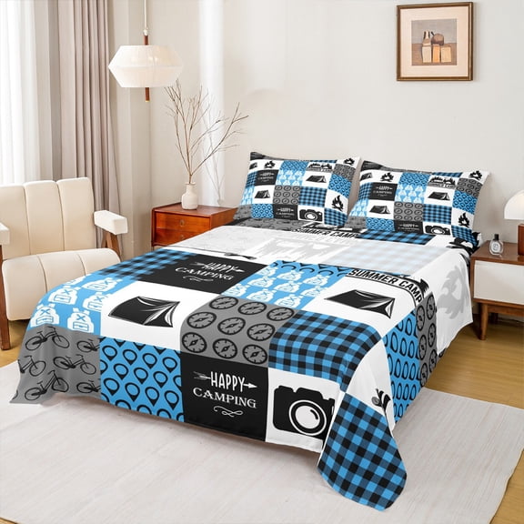 Homewish Travel Trailer Twin Sheet Sets,Happy Camping Twin Fitted Sheet,Patchwork Geometric Plaid Flat Sheet For Boys Kids,Luxury Bedroom Decor,3 Pieces