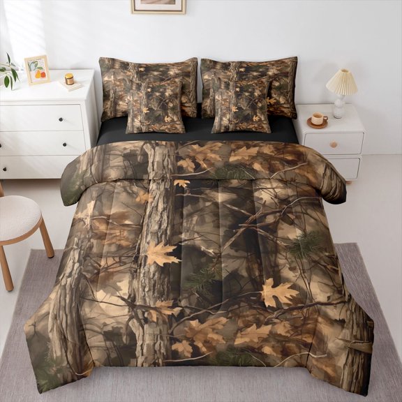 Homewish Tree Branches Leaves 7-Piece Bedding Comforter Set For Children Teens Adults,Botanical Plants King Bedding Sets,Brown Black Ultra Soft Bed Sheets,Breathable Home Decor,Reversible