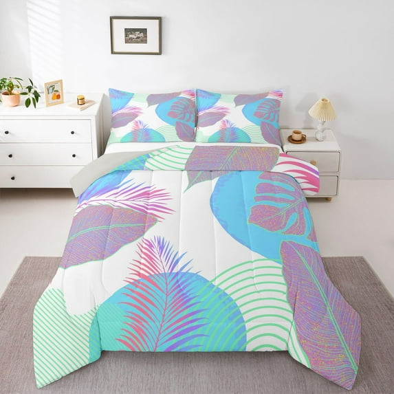 Homewish Tree Leaves 3 Pieces Queen Comforter Set For Teens Boys Girls,Botanical Plants Ultra Soft Bedding Sets,Mid Century Bedding Comforter Set,Lightweight Room Decor,Reversible
