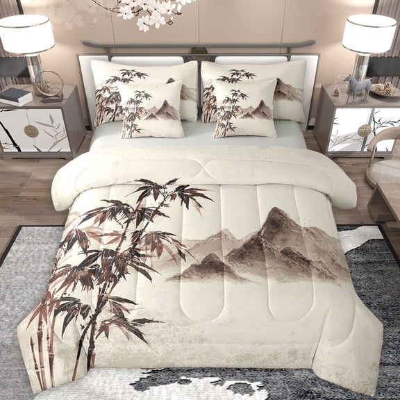 Homewish Tree Leaves Bedding Comforter Set 7 Pieces for Teens Boys Girls,Japanese Style Full Bedding Set Lightweight,Vintage Aesthetic Fitted Sheet Flat Sheet,Lightweight Room Decor,Reversible