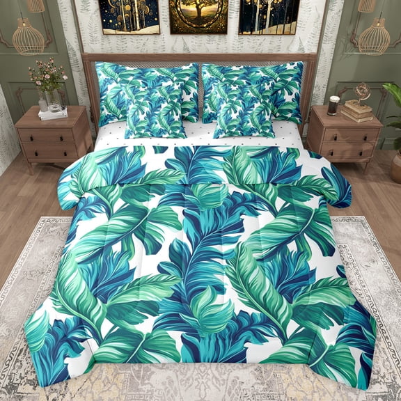 Homewish Tree Leaves Bedding Comforter Set 7pcs for Teenagers,Botanical Theme Queen Bedding Sets Super Cozy,Tropical Plants Queen Sheet Sets,Ultra Soft Home Decor,Reversible