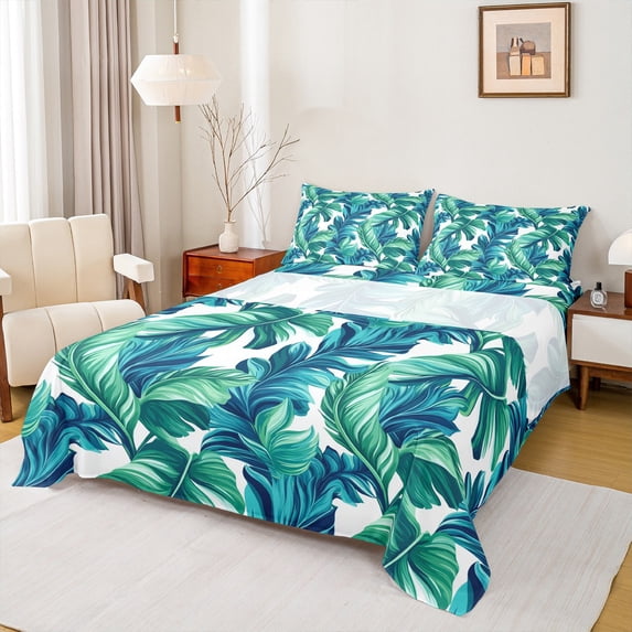 Homewish Tree Leaves Twin Sheet Sets 3pcs for Teenagers,Botanical Theme Twin Fitted Sheet Microfiber,Tropical Plants Breathable Flat Sheet,Ultra Soft Home Decor