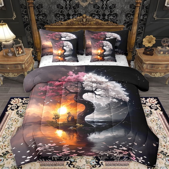 Homewish Tree Of Life 7-Piece Twin Bedding Sets,Natural Landscape Bedding Comforter Set,Orange Sunset Sheet Sets For Girls Kids,Microfiber Bedroom Decor Reversible