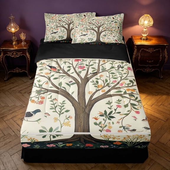 Homewish Tree of Life Flower Zipper Twin Comforter Sets with Fitted Sheet and 2 Pillowcases, Botanical Animal Theme Zipper Bedding Set, Black Reversible