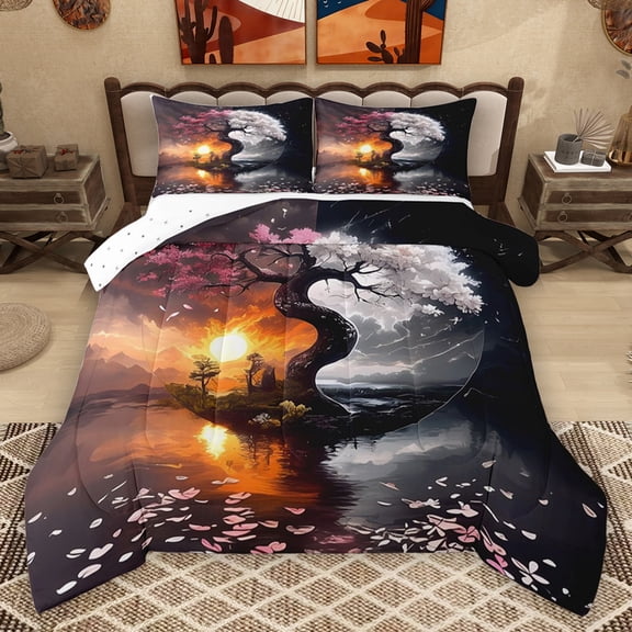 Homewish Tree Of Life Queen Comforter Set,Natural Landscape Bedding Sets,Orange Sunset Bedding Comforter Set For Girls Kids,Microfiber Bedroom Decor Reversible,3-Piece